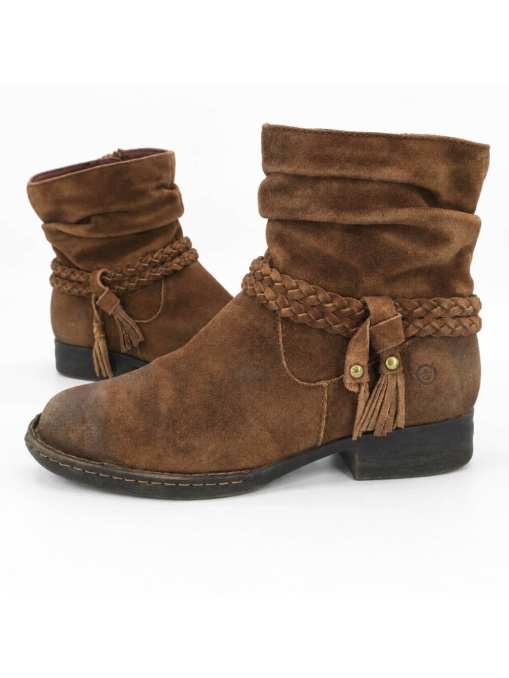 Born Ouvea Ankle Boots Zip Booties Women's 7.5M Brown Distressed Suede Tassels